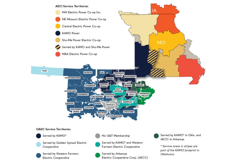map highlighting KAMO/AECI co-ops in Oklahoma
